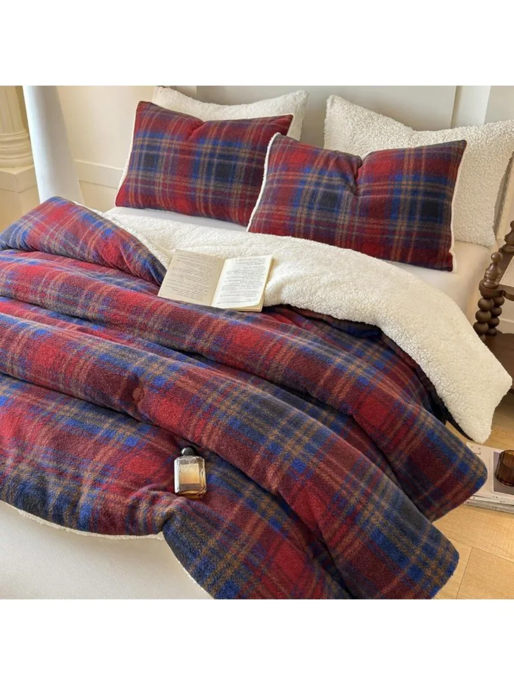 Cozy Plaid Sherpa Comforter Set, 3-Piece Fluffy Fleece Bedding, Queen Size